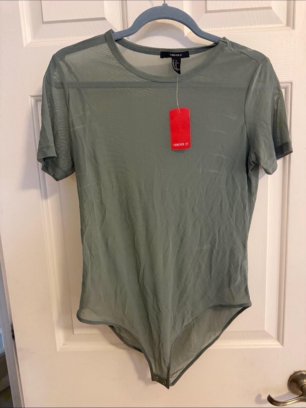 Forever 21 Sage Green Sheer Short Sleeve Bodysuit